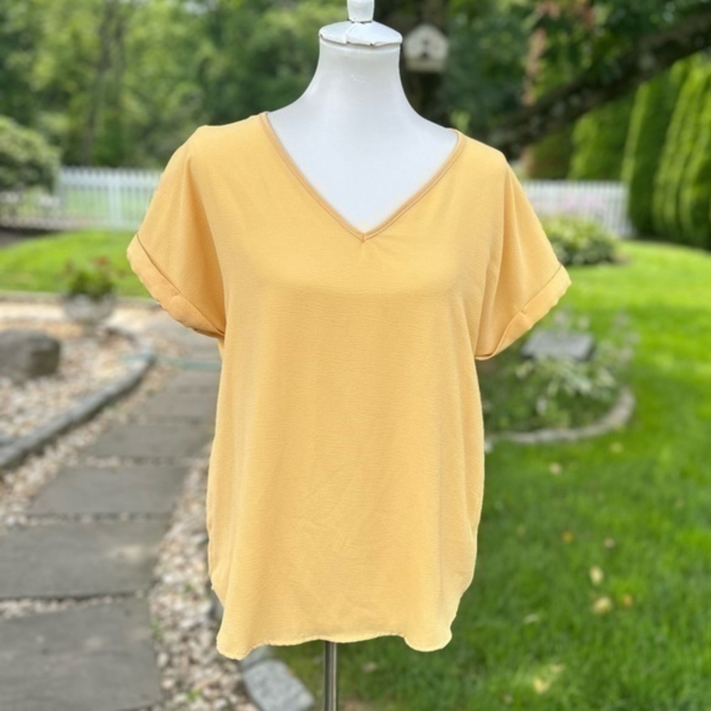 Papercut Clothing, yellow V-neck top with cuff sleeves
